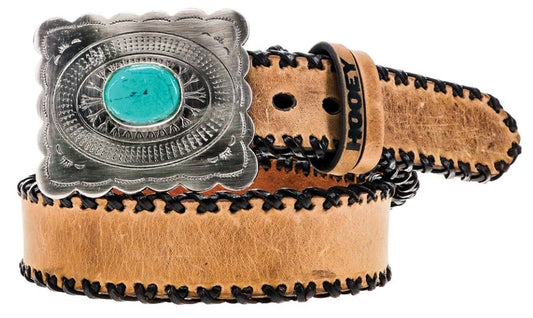 Aponi 1.5 Hooey Tan Full Grain Leather Belt with Black Lacing & Faux Turquoise Buckle - L