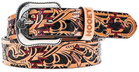 Sundown 1.5 Hooey Aztec Filigree Embossed Tan Full Grain Leather Belt with Black & Red Painted Accents - 32