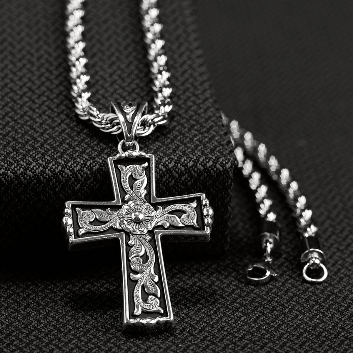 BLACK AND SILVER WESTERN SCROLL CROSS