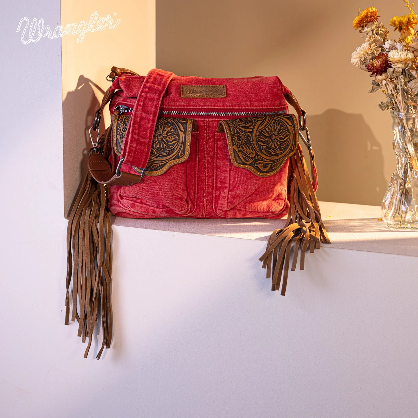 Red faded denim Wrangler crossbody