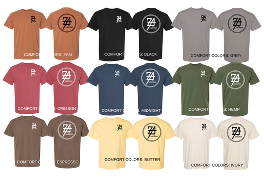 Collection of t-shirts in various colors with a logo on the chest and back.
