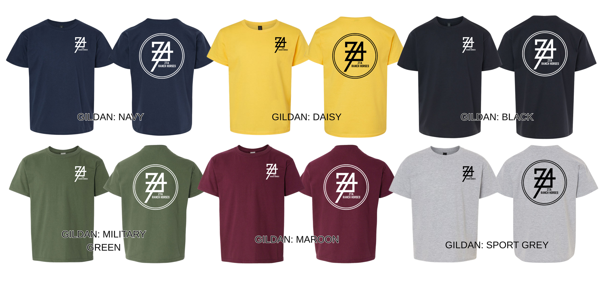 Collection of t-shirts in various colors with a logo on the chest and back.