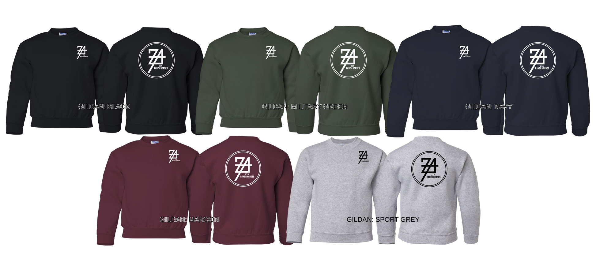 Collection of sweatshirts in various colors with a logo on the chest and back.