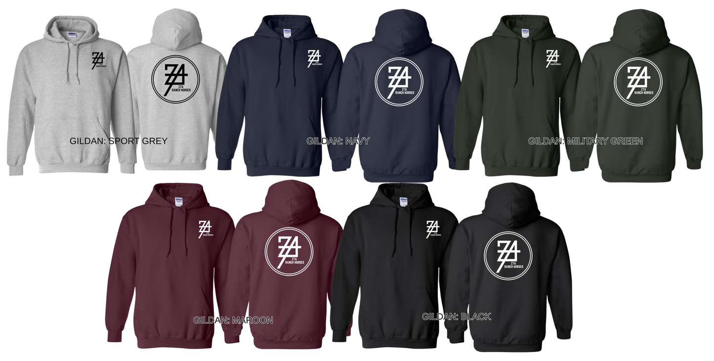 Collection of hoodies in various colors with a logo on the chest and back.