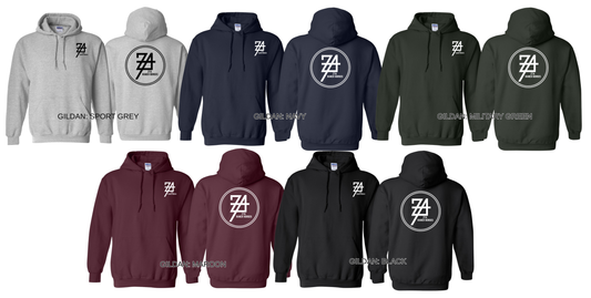 Collection of hoodies in various colors with a logo on the chest and back.