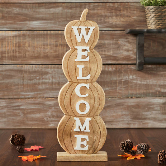 VHC Brands - Pumpkin Stack Welcome Wooden Sign Large 24.5x8.25x3 - Wines'Designs