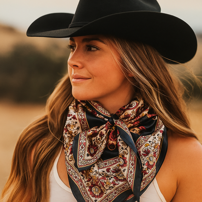 Navy and Burgundy Flowers and Paisley Wild Rag - Western Scarf