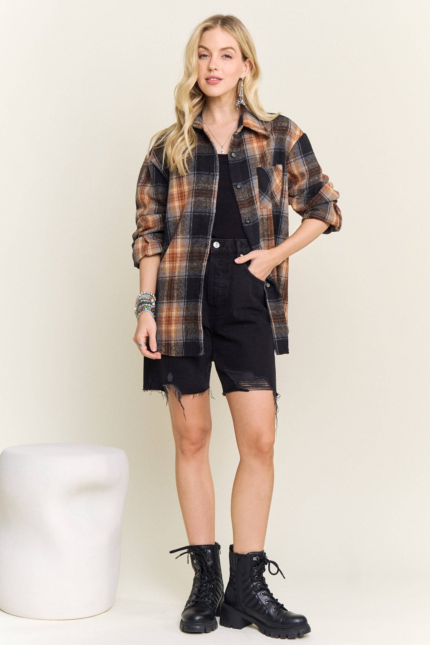 PLAID ROLLED SLEEVES BUTTON DOWN SHACKET