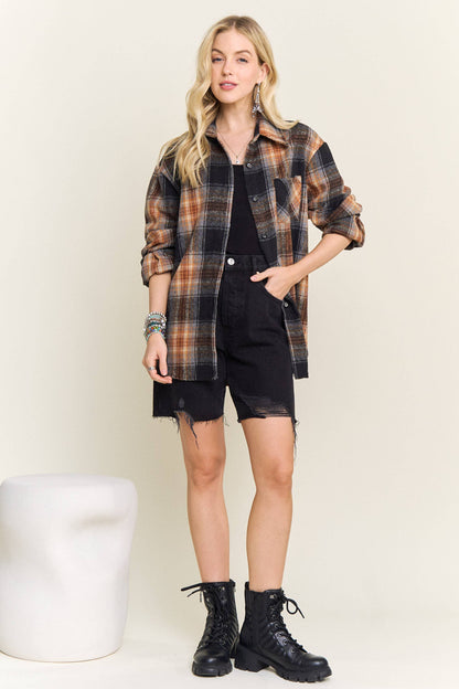 PLAID ROLLED SLEEVES BUTTON DOWN SHACKET