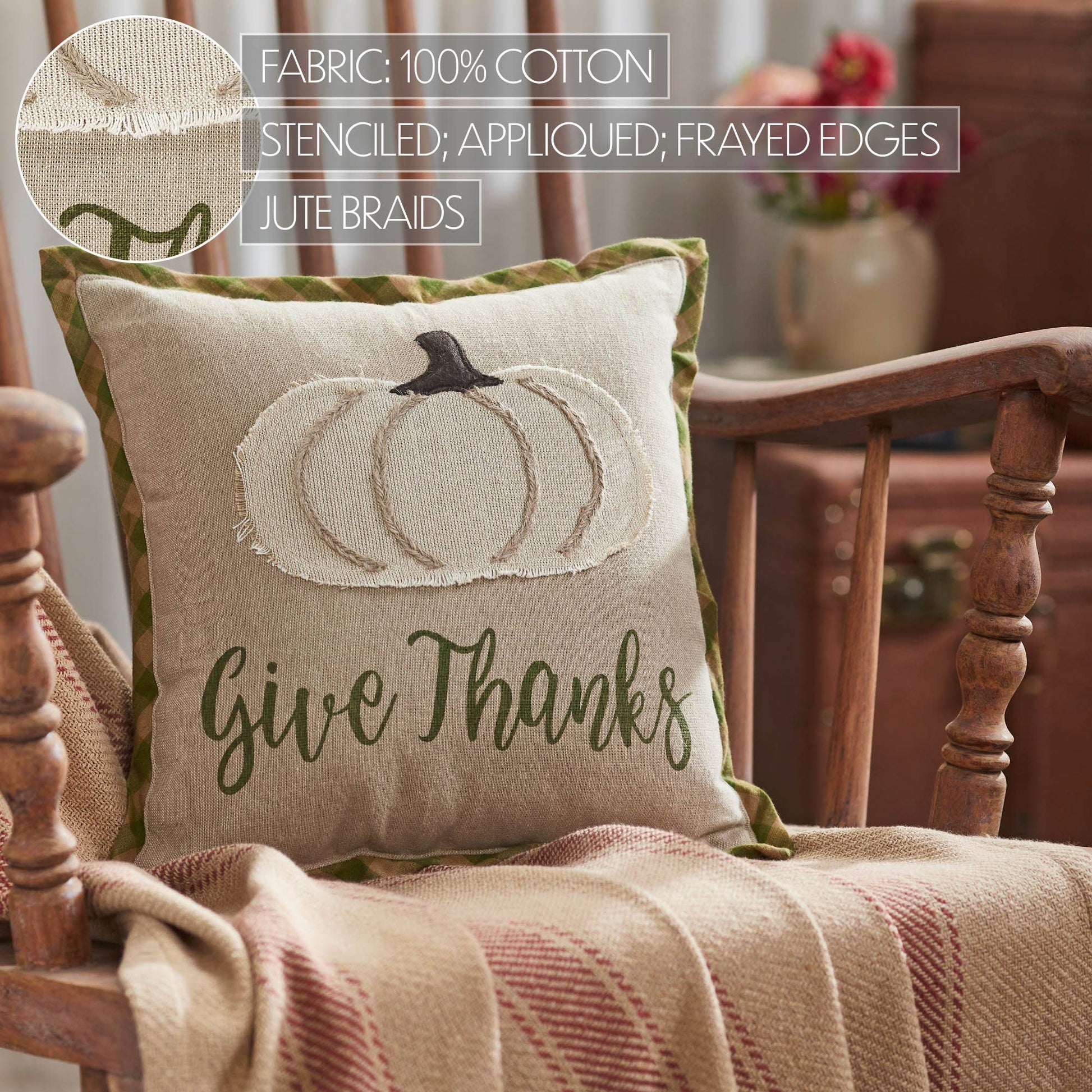 VHC Brands - Harvest Blessings Applique Pumpkin Give Thanks Pillow 12x12 - Wines'Designs