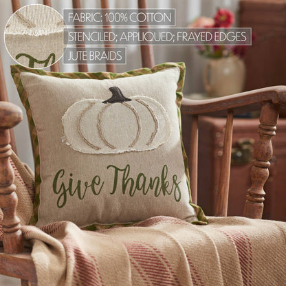 VHC Brands - Harvest Blessings Applique Pumpkin Give Thanks Pillow 12x12 - Wines'Designs