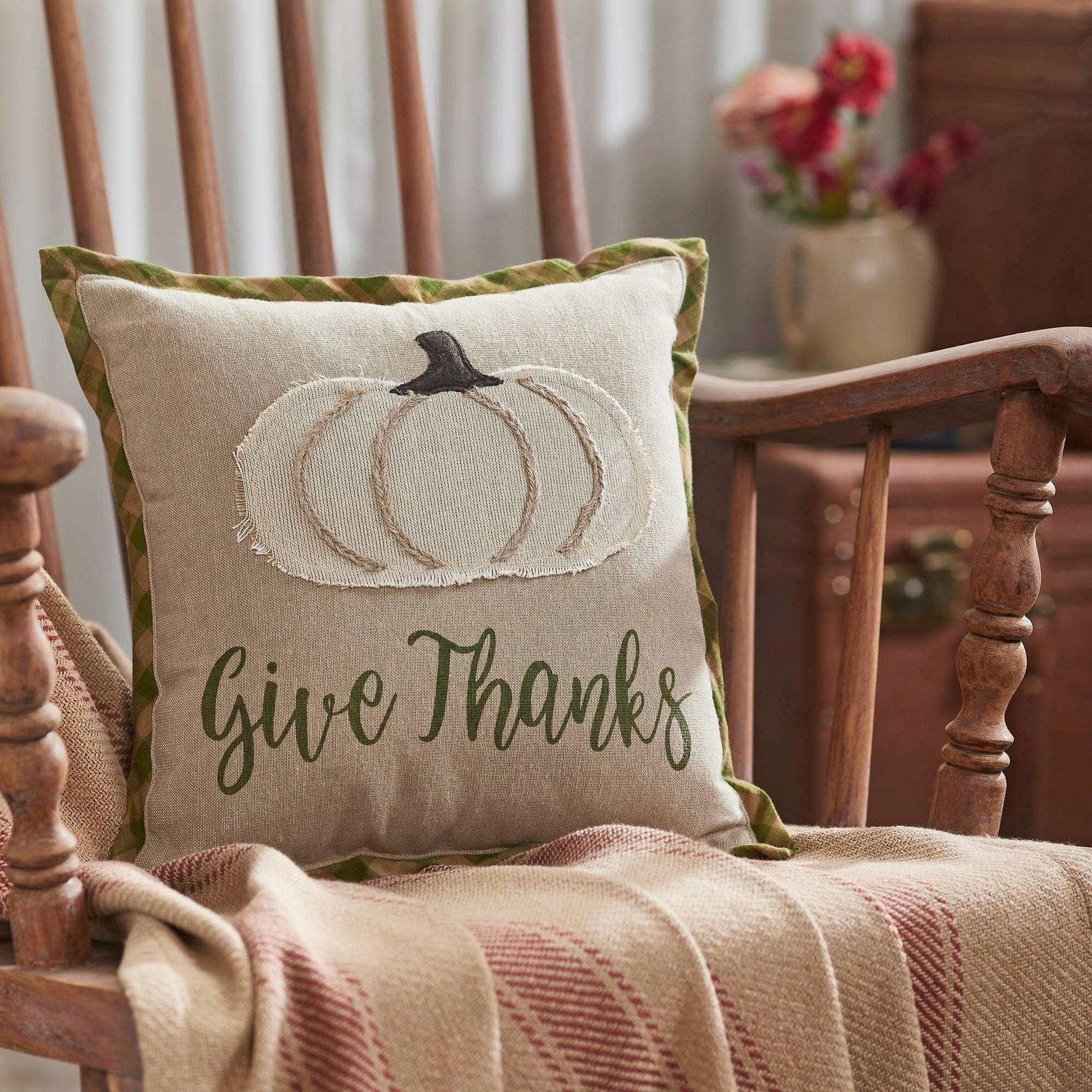 VHC Brands - Harvest Blessings Applique Pumpkin Give Thanks Pillow 12x12 - Wines'Designs