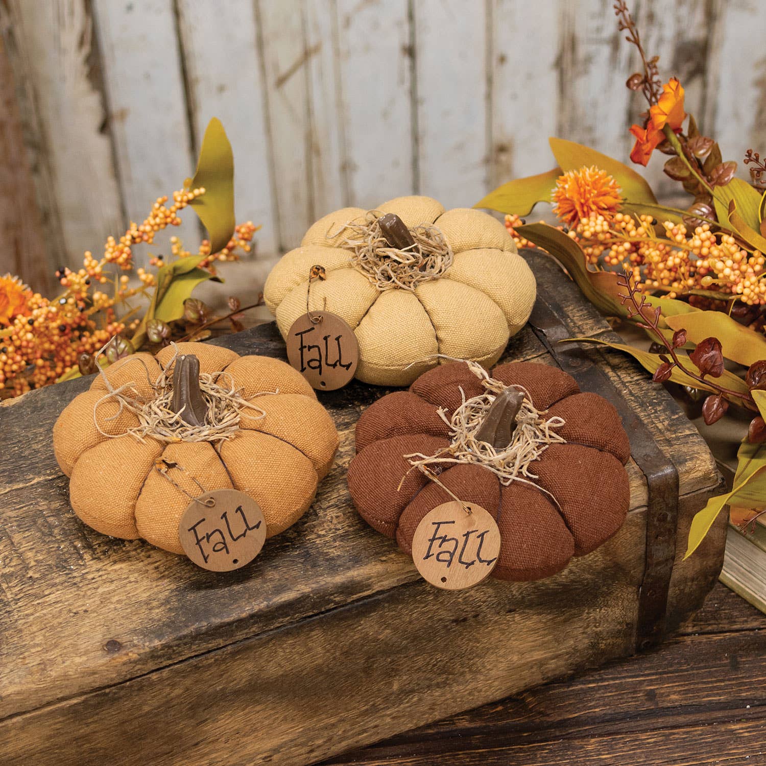 The Hearthside Collection - Mini Stuffed Mossy Top "Fall" Pumpkin, 3 Assorted - Wines'Designs