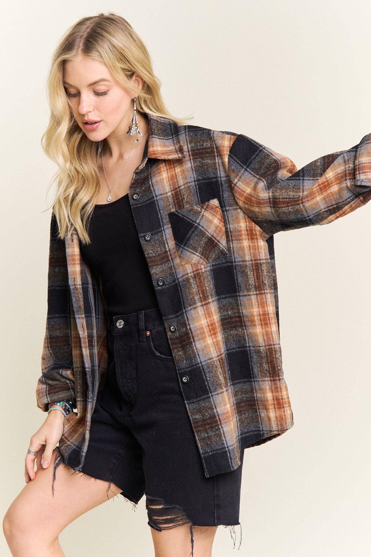 PLAID ROLLED SLEEVES BUTTON DOWN SHACKET