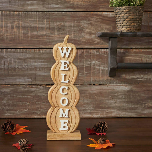 VHC Brands - Pumpkin Stack Welcome Wooden Sign Medium 16.5x5.5x2.5 - Wines'Designs