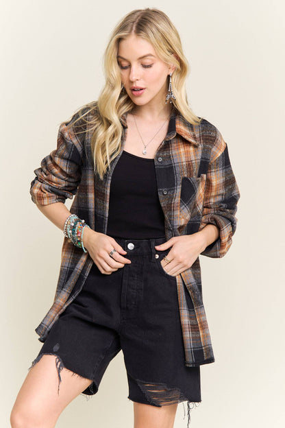 PLAID ROLLED SLEEVES BUTTON DOWN SHACKET