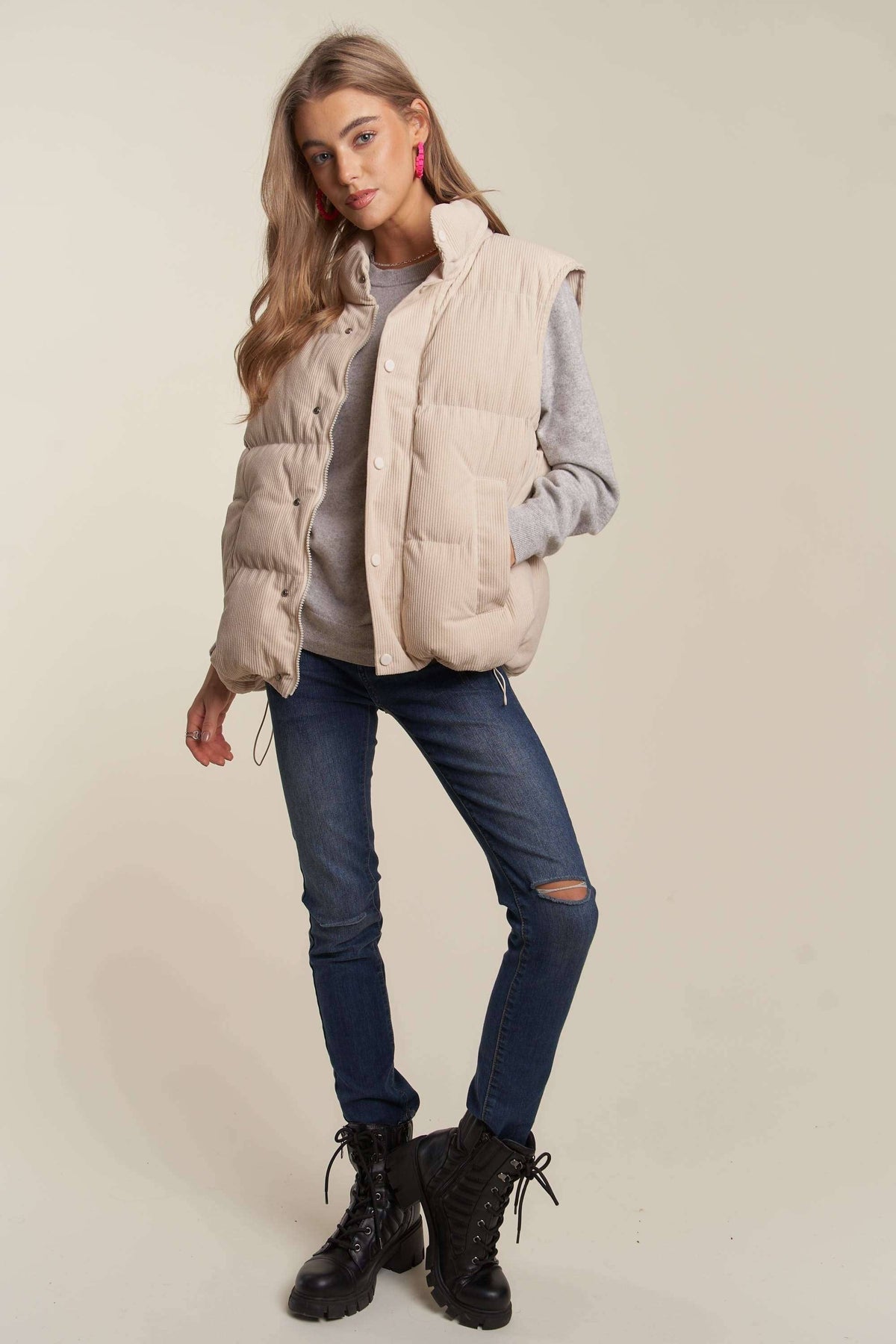 BUTTON DOWN CORDUROY PUFF VEST