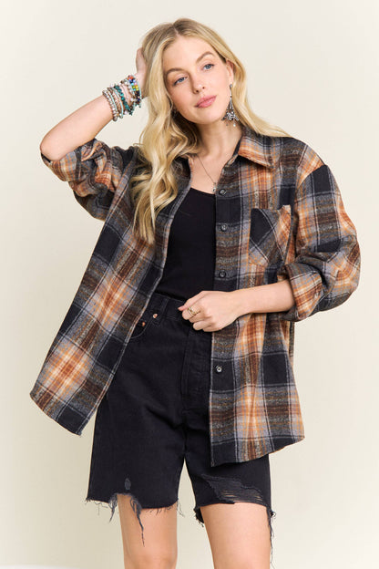 PLAID ROLLED SLEEVES BUTTON DOWN SHACKET