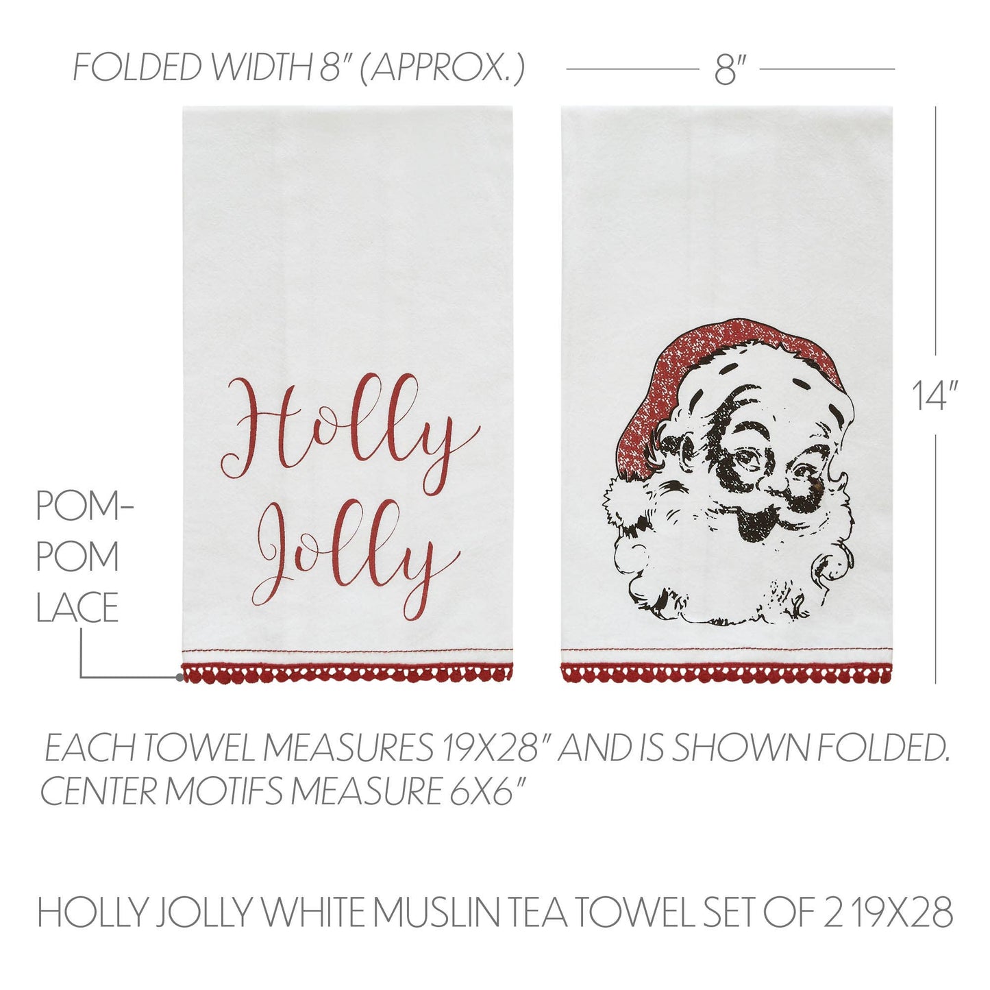 VHC Brands - Kringle Chenille Holly Jolly White Muslin Tea Towel Set of 2 19x28 - Wines'Designs