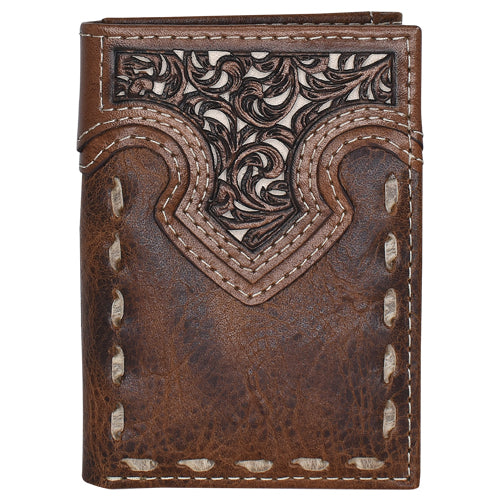 JUSTIN MENS TRIFOLD WALLET W/ TOOLED YOKE AND BUCK STITCH