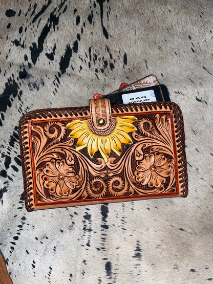 Sunflower and buck stich tooled ladies wallet/clutch - Wines'Designs