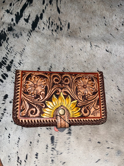 Sunflower and buck stich tooled ladies wallet/clutch - Wines'Designs