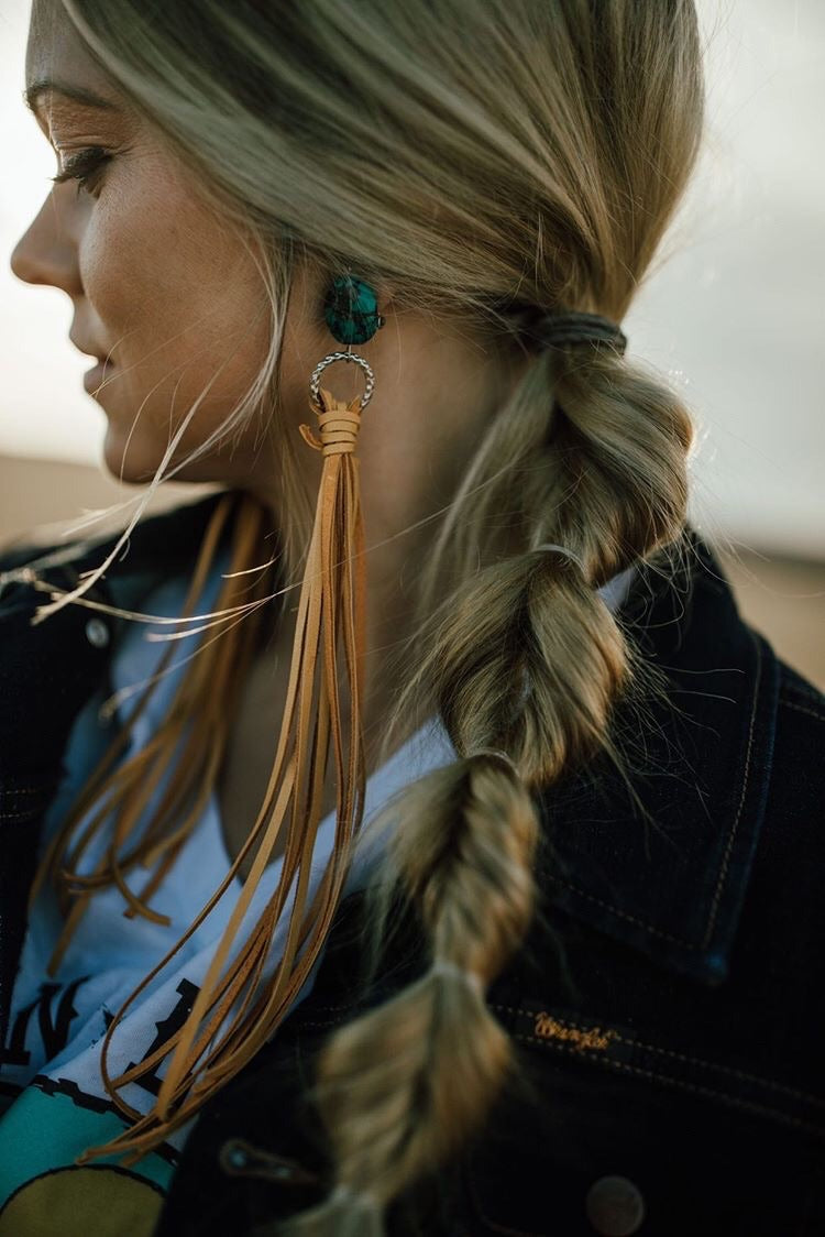 Real Turquoise Stone & Long Leather Earrings