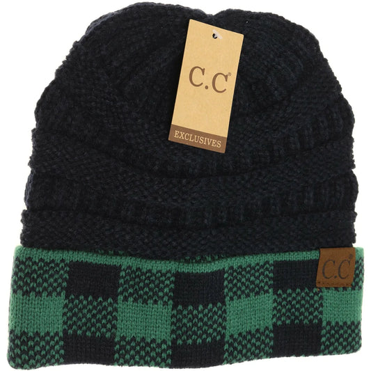 Buffalo Check Knit CC Beanie HAT82 green - Wines'Designs