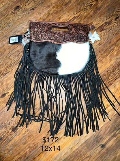 Black and white cowhide and leather fringe concealed carry purse - Wines'Designs