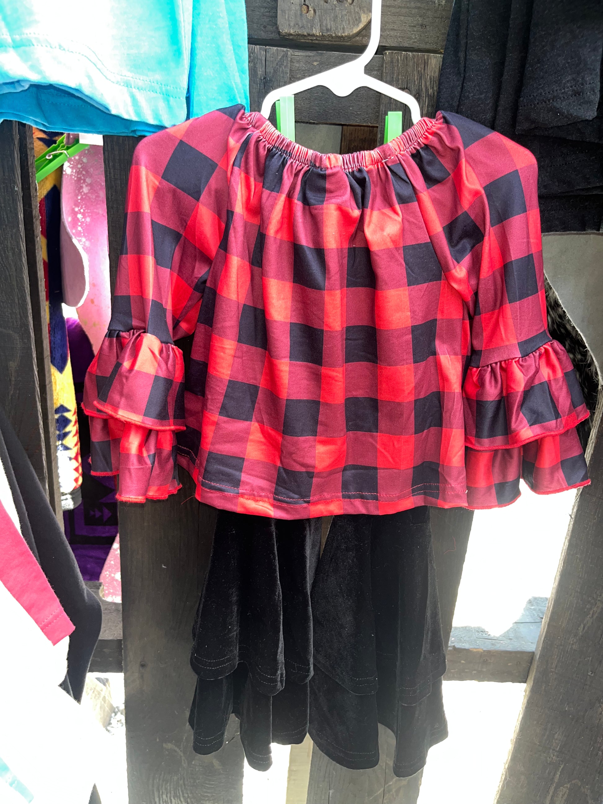 Red plaid bell top with velvet bell bottoms - Wines'Designs