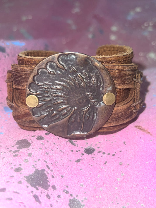 Copper Indian chief headddress leather cuff - Wines'Designs