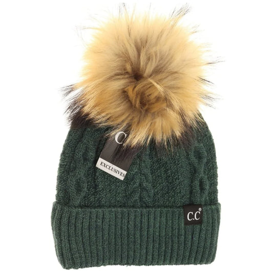 CC Exclusive - Black Label Special Edition Ribbed Cuff Fur Pom Beanie green - Wines'Designs