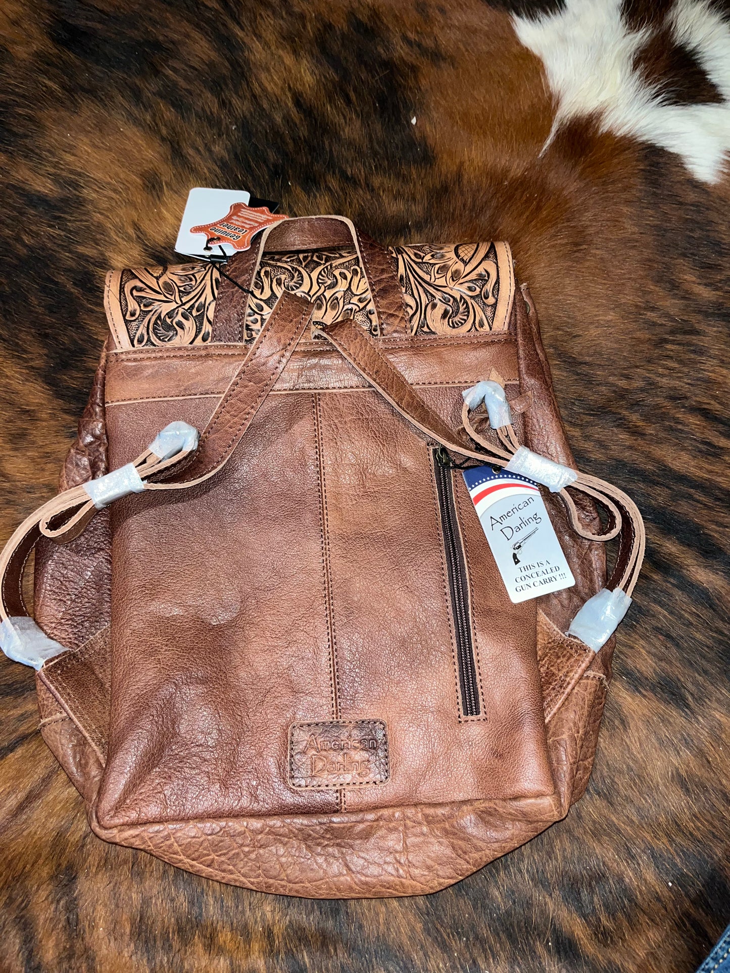 Cowhide and tooled leather concealed carry backpack purse - Wines'Designs