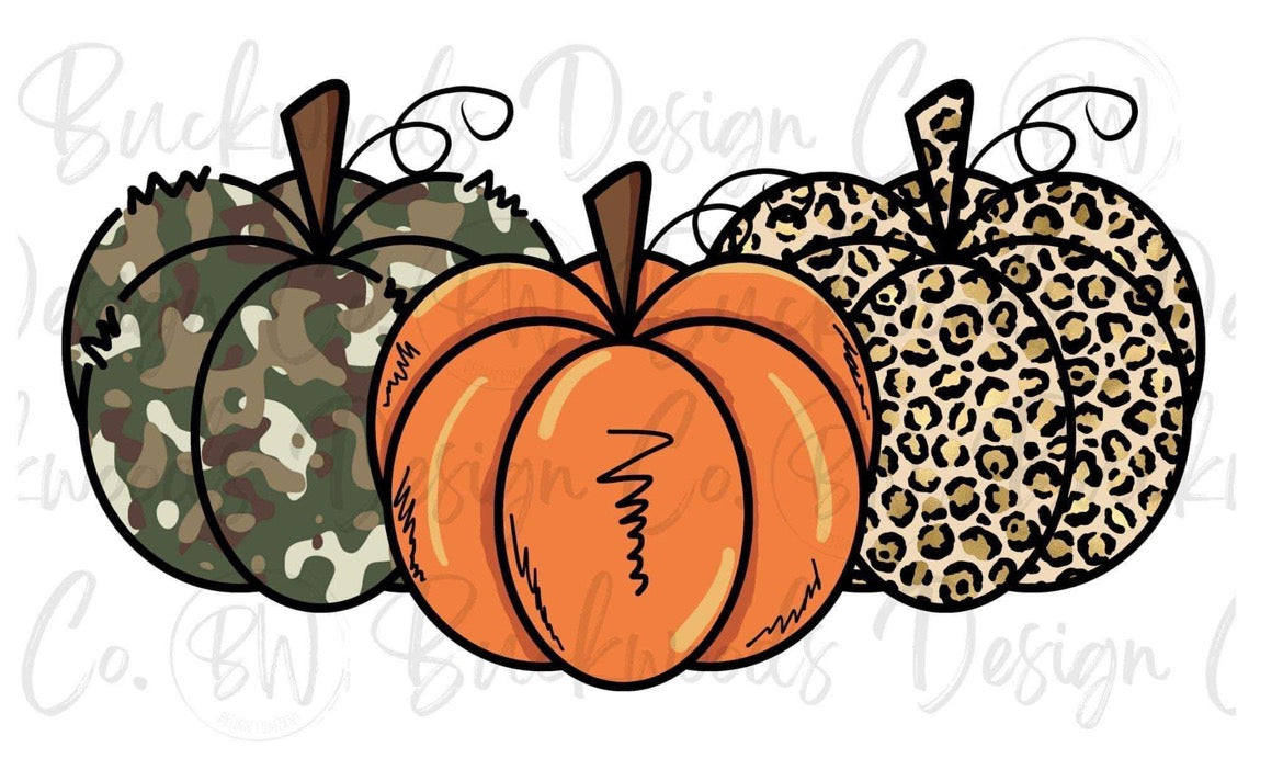 Three pumpkins: camo, orange, & leopard - Wines'Designs